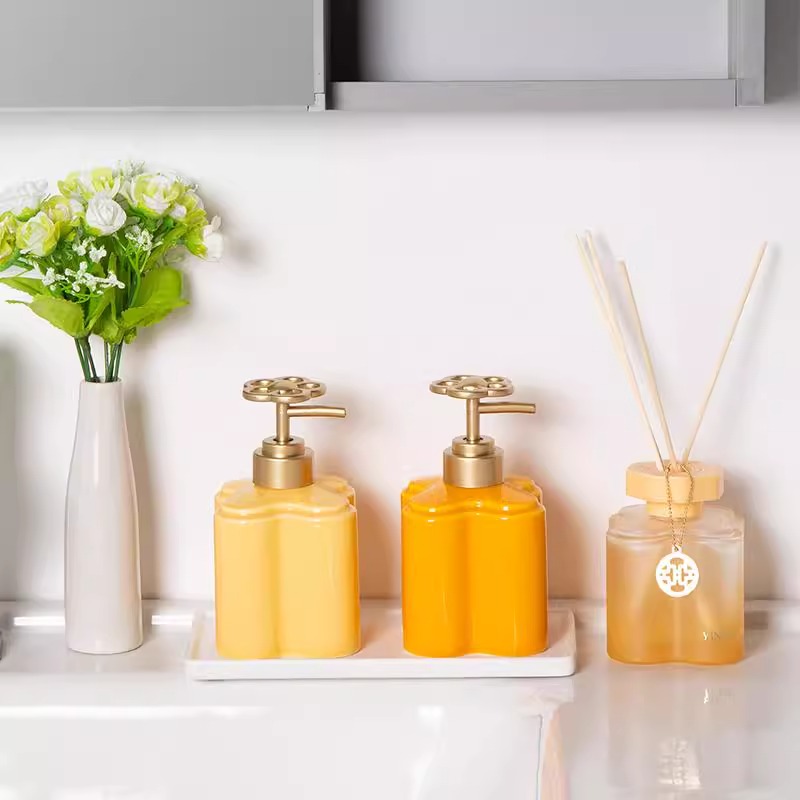 Zara Home Bathroom - โมเดิร์นสีส้มดอกไม้เซรามิคขวดโลชั่นห้องน้ํา Hand Sanitizer แชมพูขวดน้ํากดเครื่องจ่ายสบู่ขวดเปล่า