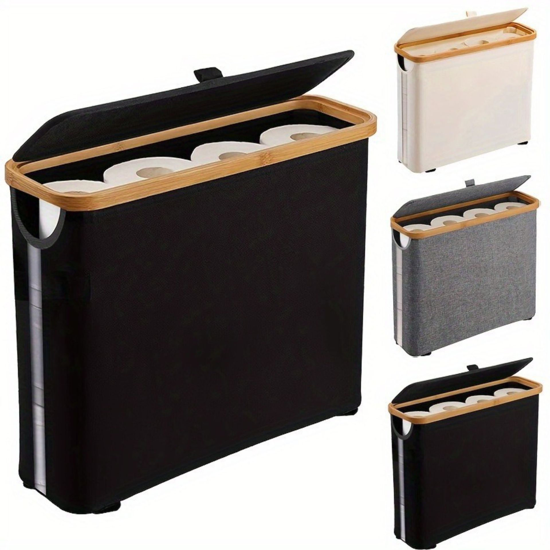 Toilet Paper Holder - ที่ใส่กระดาษชำระแบบพับได้พร้อมฝาปิด ความจุขนาดใหญ่ ประหยัดพื้นที่ ที่จัดระเบียบห้องน้ำ โครงไม้ทนทาน ผ้าสีเทา