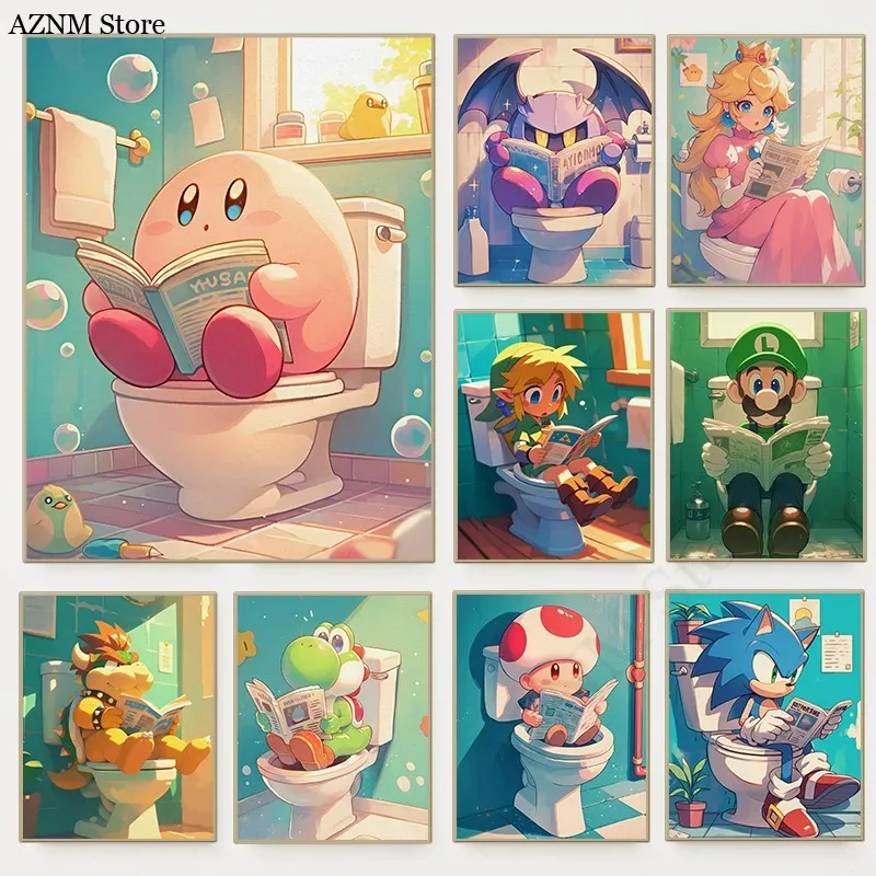 Home Bathroom Pictures - โปสเตอร์วิดีโอเกมการ์ตูนห้องน้ำสุดฮา ตัวละครแอนิเมชั่นน่ารัก ภาพวาดบนผ้าใบตกแต่งผนังห้องอาบน้ำ ของตกแต่งบ้านสำหรับเด็ก