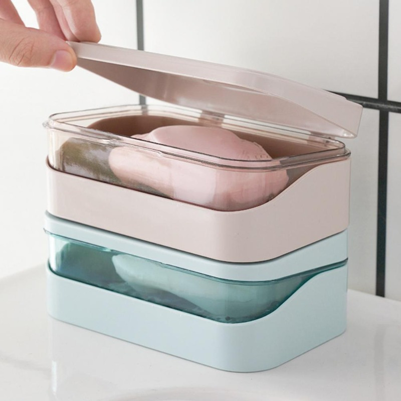 Home Bathroom Essentials - ที่วางสบู่ในห้องน้ำพร้อมฝาปิด กล่องสบู่พลาสติกสำหรับใช้ในบ้าน ป้องกันการรั่วซึม ช่วยให้สบู่แห้ง ที่วางสบู่ อุปกรณ์จำเป็นสำหรับการเดินทาง