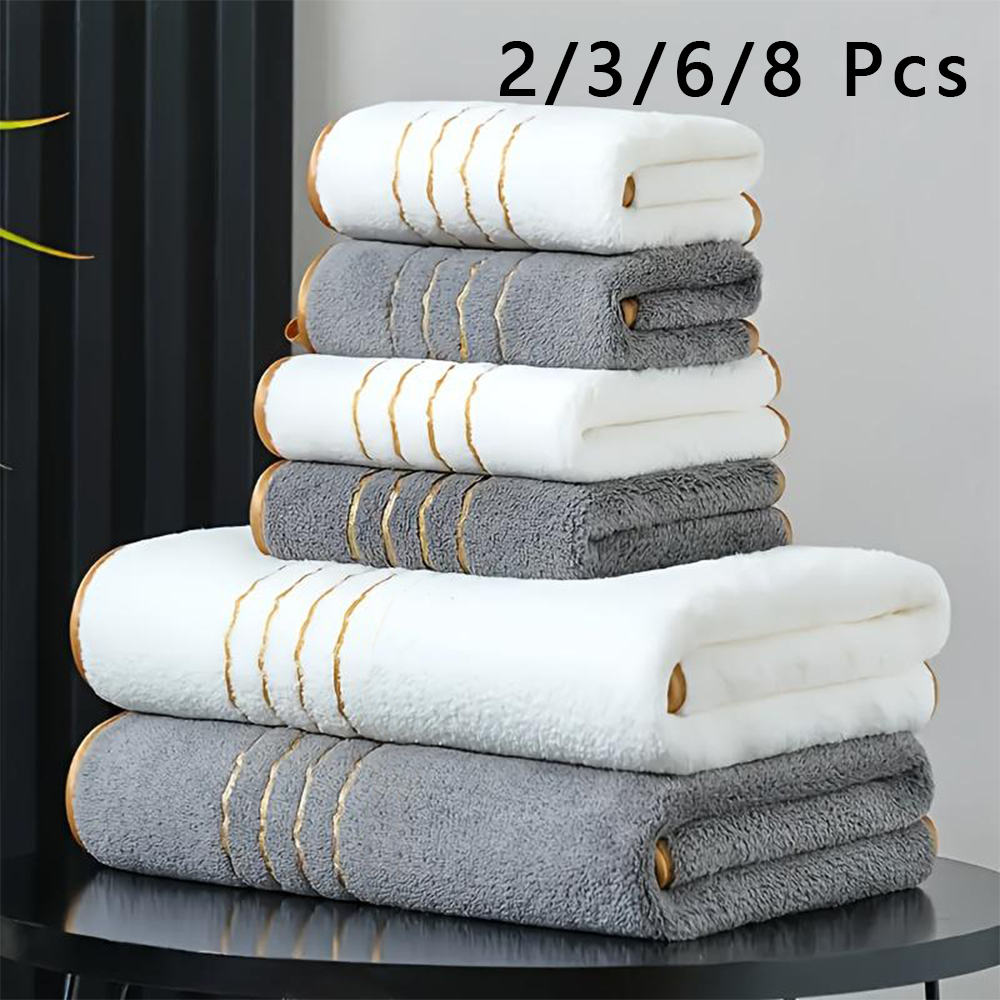 Zara Home Bathroom Accessories - ชุดผ้าขนหนูอาบน้ำ 2/3/6/8 ชิ้น สีขาวและสีเทา แต่งขอบสีทอง ผ้าขนหนูพรีเมียมเนื้อนุ่ม