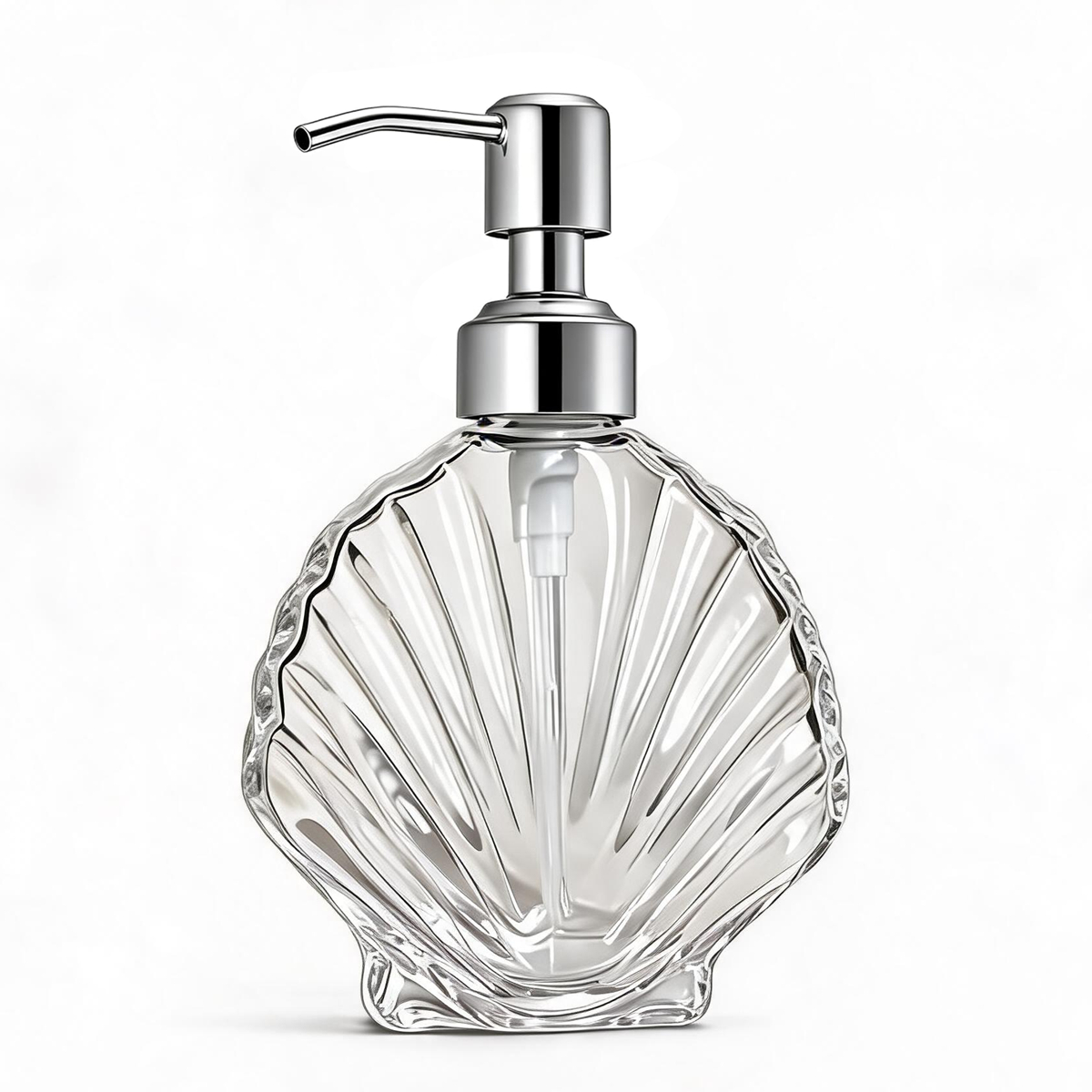 Home Bathroom Soap Dispenser - เครื่องจ่ายสบู่แก้วเปลือกหอยตกแต่งพร้อมปั๊มสแตนเลส, ขวดสบู่เหลวแบบรีฟิลสำหรับห้องครัวห้องน้ำ, 300 มล.