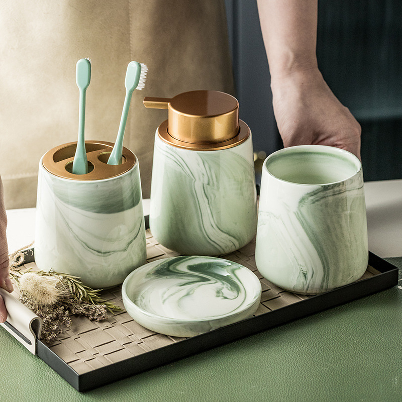 Zara Home Bathroom - Creative Gradient สีเขียวหินอ่อนเซรามิคขวดโลชั่นผู้ถือแปรงสีฟันจานสบู่ชุดอุปกรณ์ห้องน้ําขวดสบู่