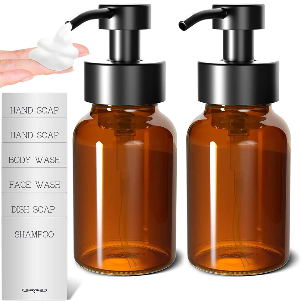 Zara Home Bathroom Accessories - เครื่องจ่ายสบู่โฟม, 8.5 ออนซ์/250 มล. เครื่องจ่ายสบู่โฟมแก้วสีเหลืองอำพันสำหรับห้องน้ำและห้องครัว, ขวดปั๊มโฟมเปล่า