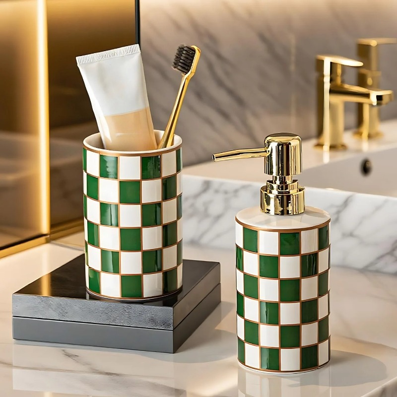 Zara Home Bathroom - ขวดโลชั่นเซรามิกรูปทรงกระบอกหรูหราพร้อมถ้วยล้างลายตาราง อุปกรณ์ในห้องน้ำ ขวดใส่สบู่แบบพกพา