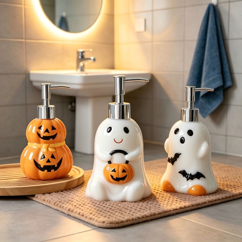 Home Bathroom Soap Dispenser - ขวดเซรามิกทรงฟักทองผีฮาโลวีนขนาด 280 มล. สำหรับใส่โลชั่น ขวดจ่ายสบู่ในห้องน้ำ ขวดเติมสบู่ล้างมือและสบู่อาบน้ำสำหรับใช้ในบ้าน