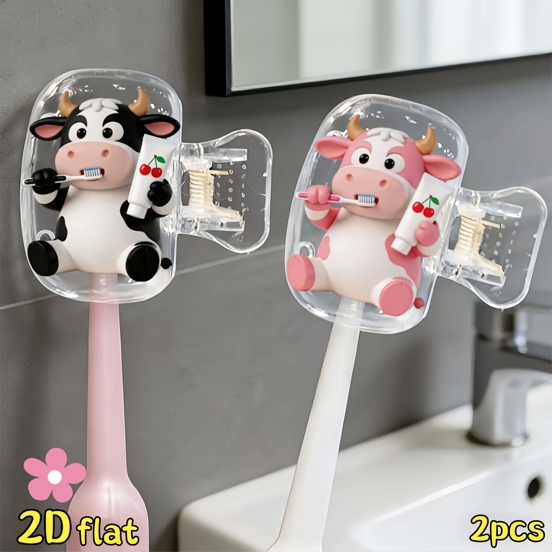 Home Bathroom Essentials - ที่ใส่แปรงสีฟันรูปวัว 2 ชิ้น สำหรับจัดเก็บในบ้านและเดินทาง พร้อมฝาปิดใส เหมาะสำหรับห้องน้ำ