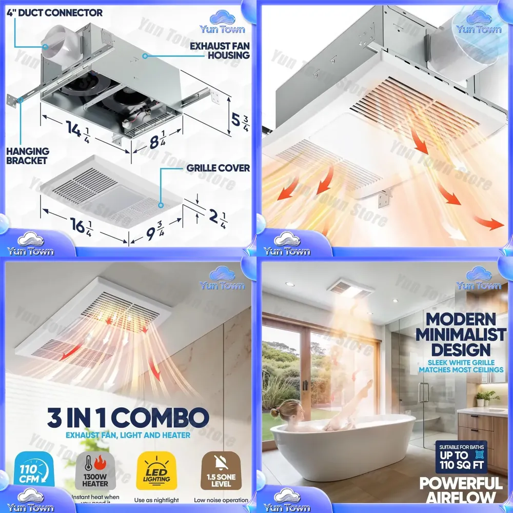 Home Bathroom Vent Fans - พัดลมดูดอากาศในห้องน้ำพร้อมฮีตเตอร์และไฟ LED 1300W 110 CFM 15