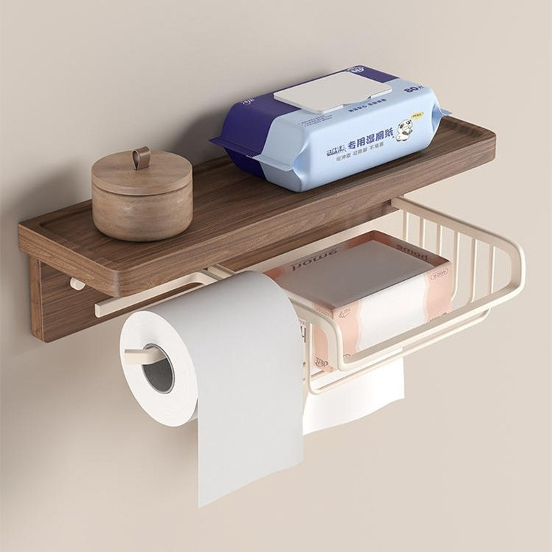 Toilet Paper Holder - ที่ใส่กระดาษทิชชูติดผนังไม้วอลนัท ไม่ต้องเจาะ ติดตั้งง่าย กล่องใส่กระดาษทิชชูอเนกประสงค์ ชั้นวางกระดาษชำระสำหรับตกแต่งห้องน้ำ