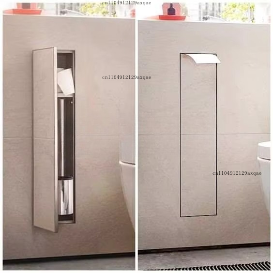 Toilet Paper Holder - ที่ใส่แปรงทำความสะอาดห้องน้ำแบบฝังผนัง วัสดุสแตนเลส 304 พร้อมช่องเก็บกระดาษชำระ ซ่อนอยู่ในกระเบื้อง