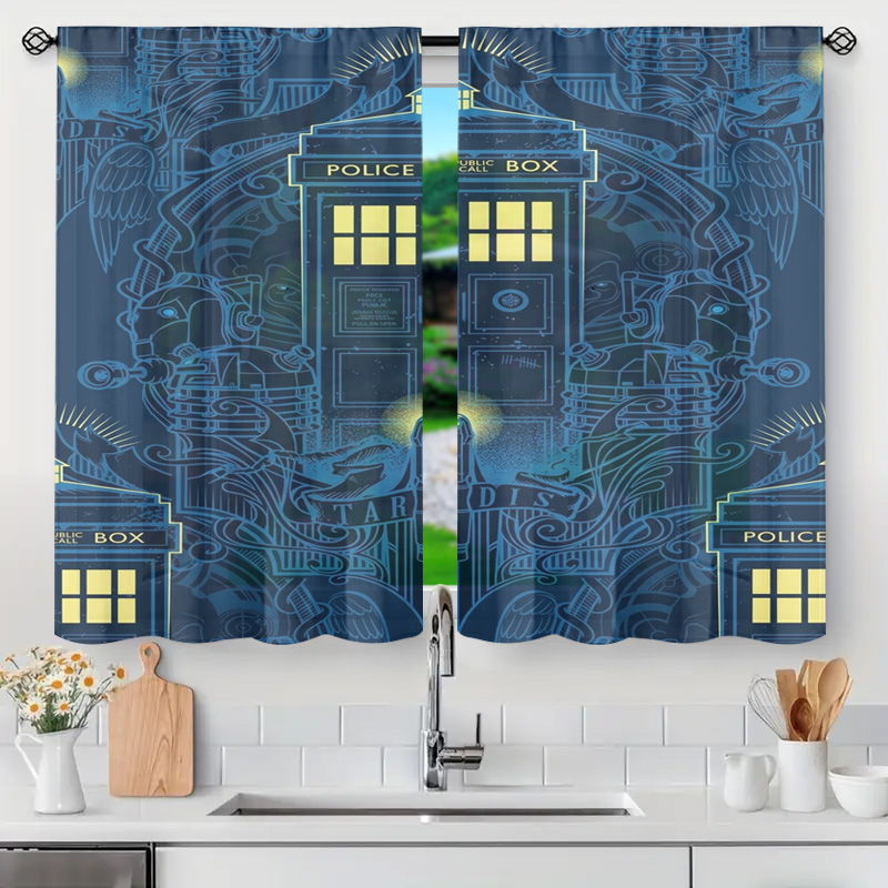 Home Bathroom Called - ผ้าม่านลายกราฟิกสีน้ำเงินสไตล์วินเทจ ลายโทรศัพท์ตำรวจ สำหรับตกแต่งหน้าต่างห้องครัว ห้องน้ำ สไตล์อาร์ตเดโค
