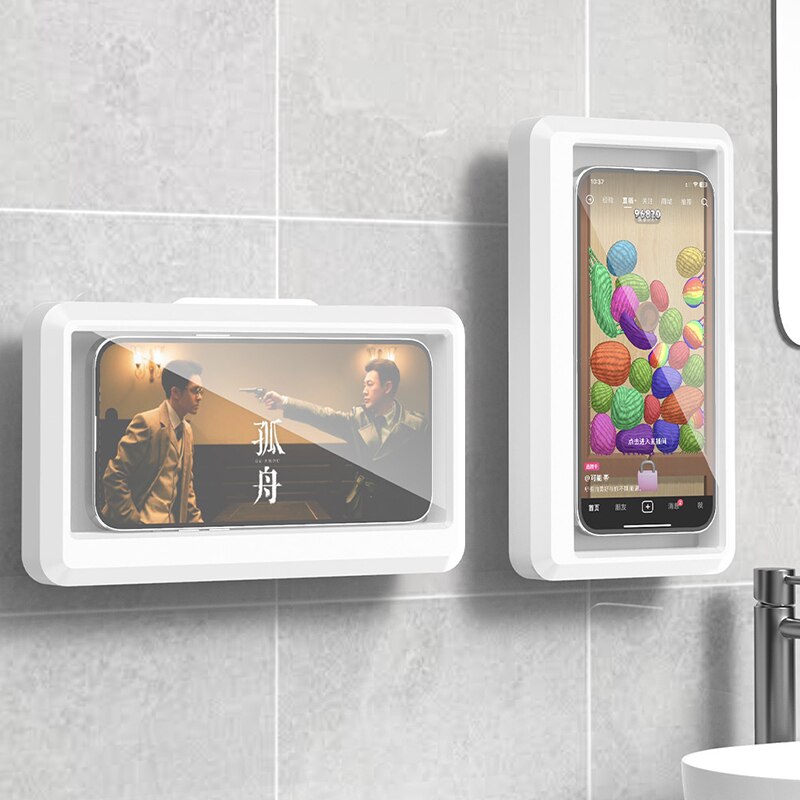 Home And Bathroom - ที่วางโทรศัพท์กันน้ำในห้องน้ำ กล่องใส่โทรศัพท์ติดผนังแบบมีกาวในตัว ที่วางโทรศัพท์แบบสัมผัสหน้าจอสำหรับอาบน้ำ พร้อมระบบปิดผนึกกันน้ำ