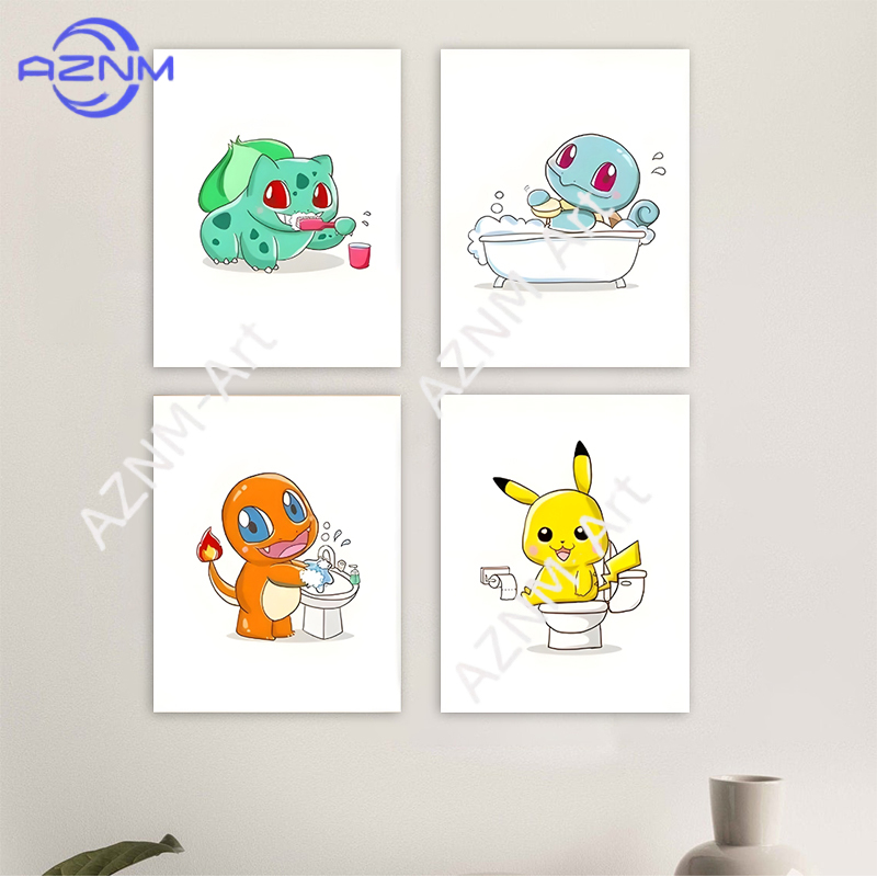 Home Bathroom Pictures - โปเกมอนการ์ตูนตลกภาพวาดบนผ้าใบ ปิกาจู บูลบาซอร์อะนิเมะโปสเตอร์ภาพจิตรกรรมฝาผนังภาพศิลปะติดผนังห้องน้ำตกแต่งสวยงามคูอาโดรอส