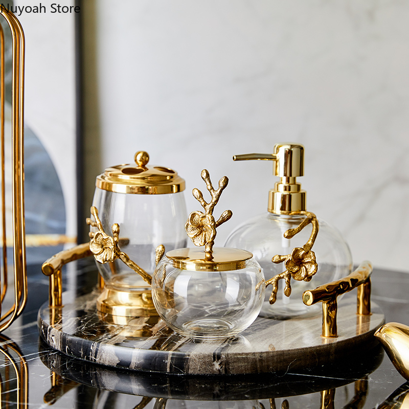 Zara Home Bathroom - หรูหราอุปกรณ์ห้องน้ำทองเหลืองแก้วคริสตัลใสขวดโลชั่นถังผ้าฝ้าย Swab กล่องหินอ่อนถาด