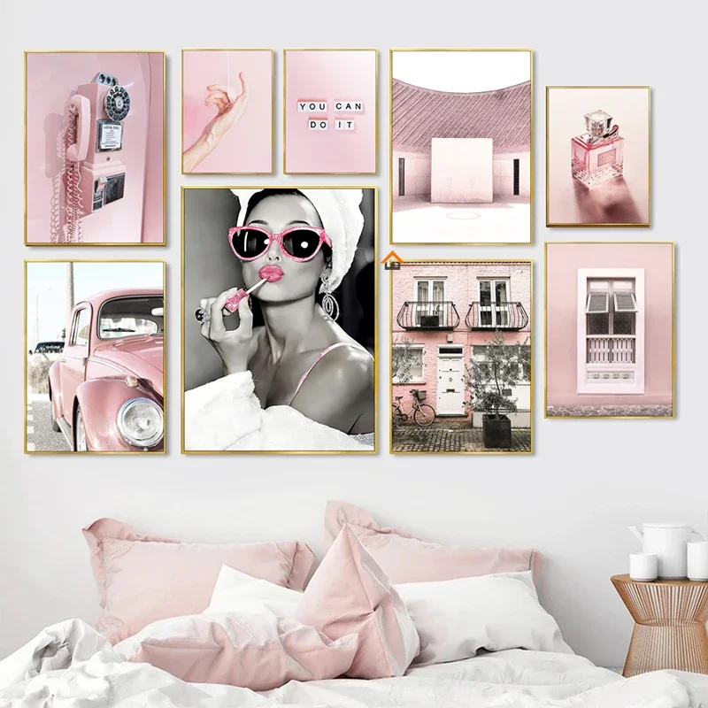 Home Bathroom Pictures - ภาพตกแต่งผนังลายโปสเตอร์โทรศัพท์รถยนต์วินเทจสีชมพูสำหรับผู้หญิง น้ำหอมหรูหรา ภาพศิลปะบนผ้าใบสำหรับตกแต่งห้องนั่งเล่นและห้องน้ำ